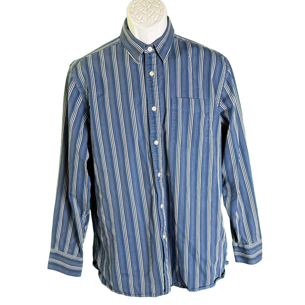 Murano Button Down Shirt Mens Large Blue Striped Long Sleeve Pocket Cotton Blend